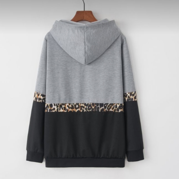 PINK VS Pullover Colorblock Cheetah Hoodie Blk & Gray - Picture 2 of 8